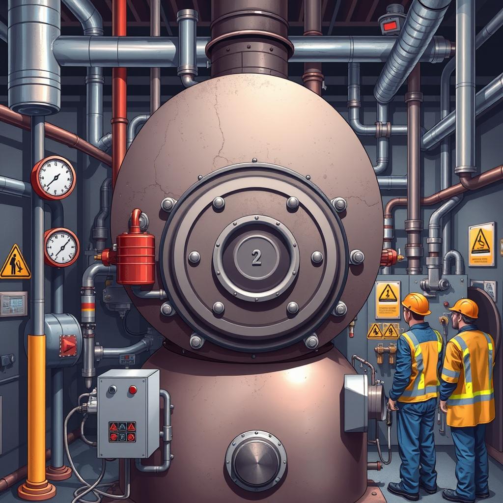 A detailed illustration of a steam boiler in a chemical manufacturing facility, featuring safety locks visibly in place as the boiler undergoes maintenance