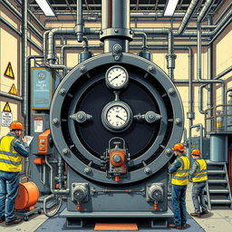A detailed illustration of a steam boiler in a chemical manufacturing facility, featuring safety locks visibly in place as the boiler undergoes maintenance