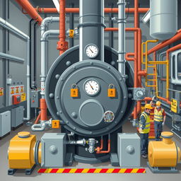 A detailed illustration of a steam boiler in a chemical manufacturing facility, featuring safety locks visibly in place as the boiler undergoes maintenance