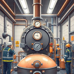 A detailed illustration of a steam boiler in a chemical manufacturing facility, featuring safety locks visibly in place as the boiler undergoes maintenance