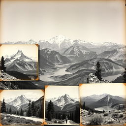 A collection of old black and white photographs featuring the stunning vistas of the Sierra Nevada mountains