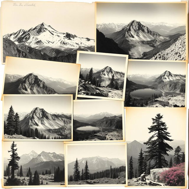 A collection of old black and white photographs featuring the stunning vistas of the Sierra Nevada mountains