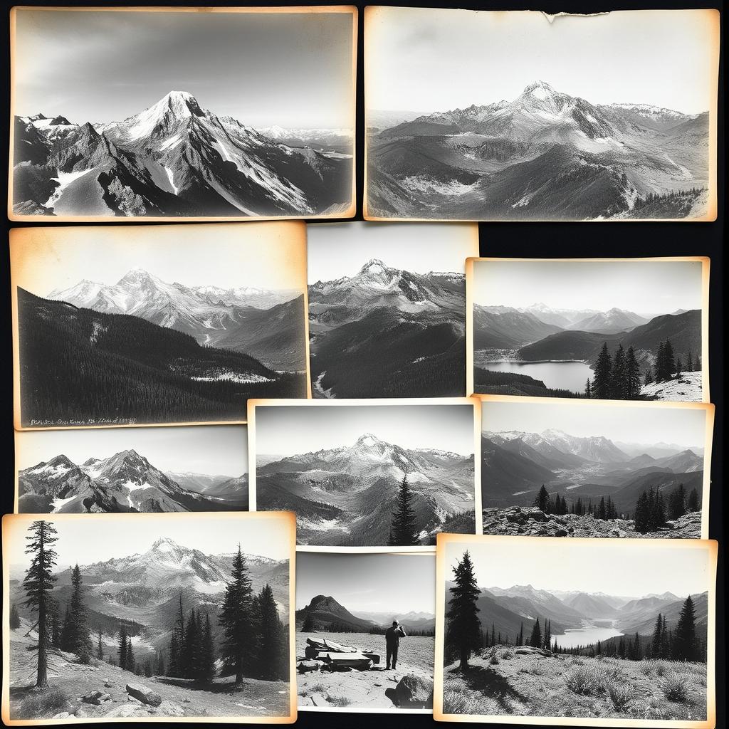 A collection of old black and white photographs featuring the stunning vistas of the Sierra Nevada mountains