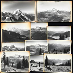 A collection of old black and white photographs featuring the stunning vistas of the Sierra Nevada mountains