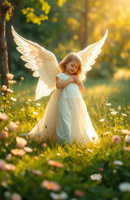 A serene and tender scene depicting a guardian angel protecting a little girl