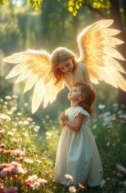 A serene and tender scene depicting a guardian angel protecting a little girl