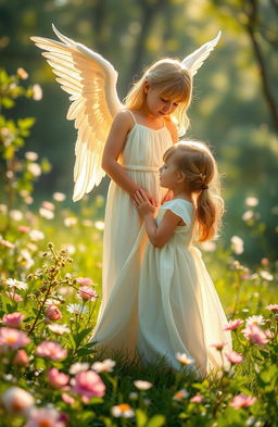 A serene and tender scene depicting a guardian angel protecting a little girl
