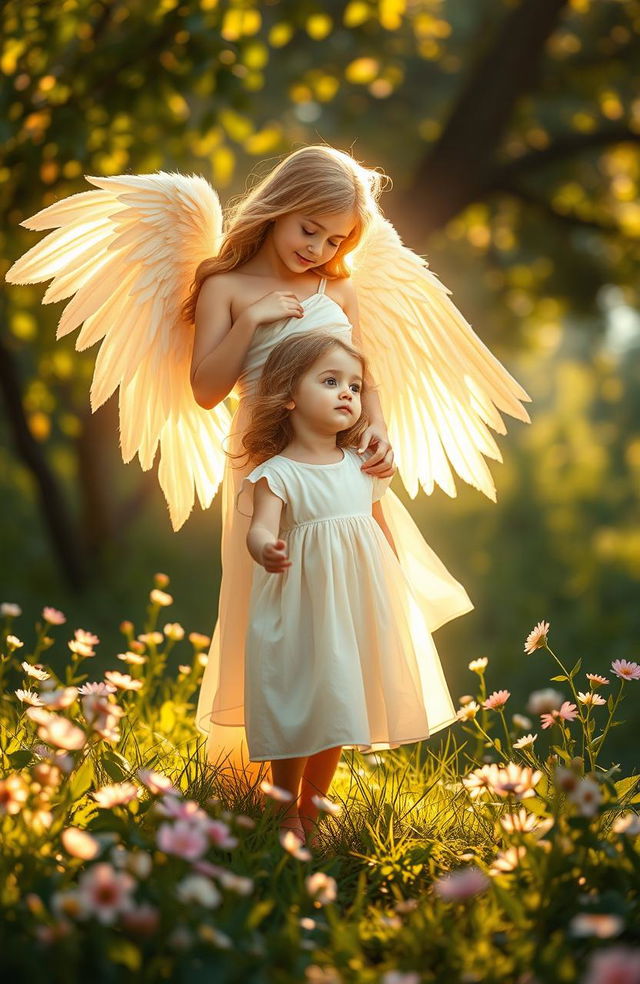 A serene and tender scene depicting a guardian angel protecting a little girl