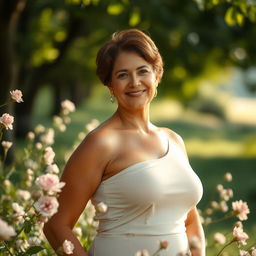 A tasteful and artistic depiction of a confident mature woman in a serene and natural setting, surrounded by soft floral elements and gentle sunlight filtering through the trees