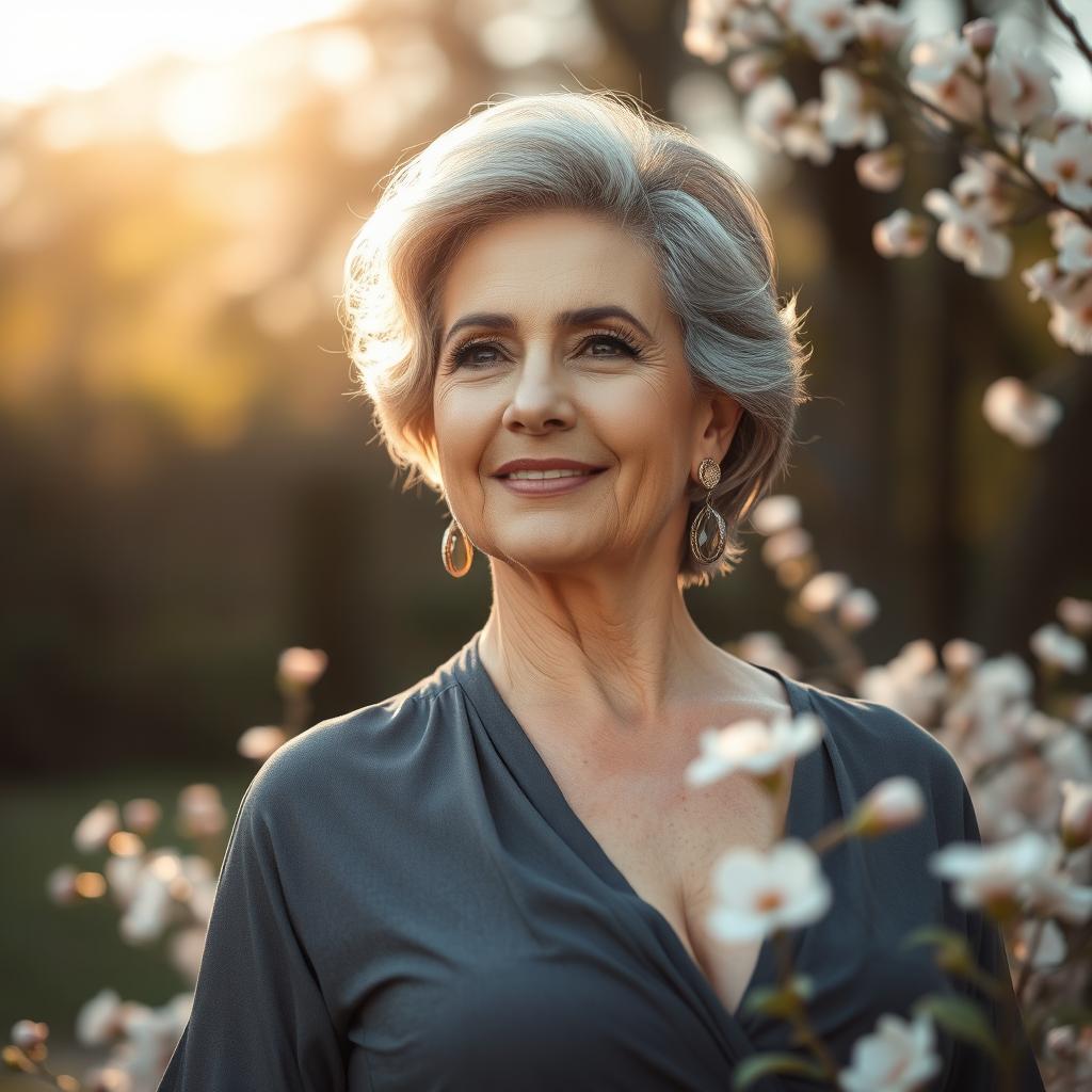 A tasteful and artistic depiction of a confident mature woman in a serene and natural setting, surrounded by soft floral elements and gentle sunlight filtering through the trees