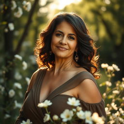 A tasteful and artistic depiction of a confident mature woman in a serene and natural setting, surrounded by soft floral elements and gentle sunlight filtering through the trees