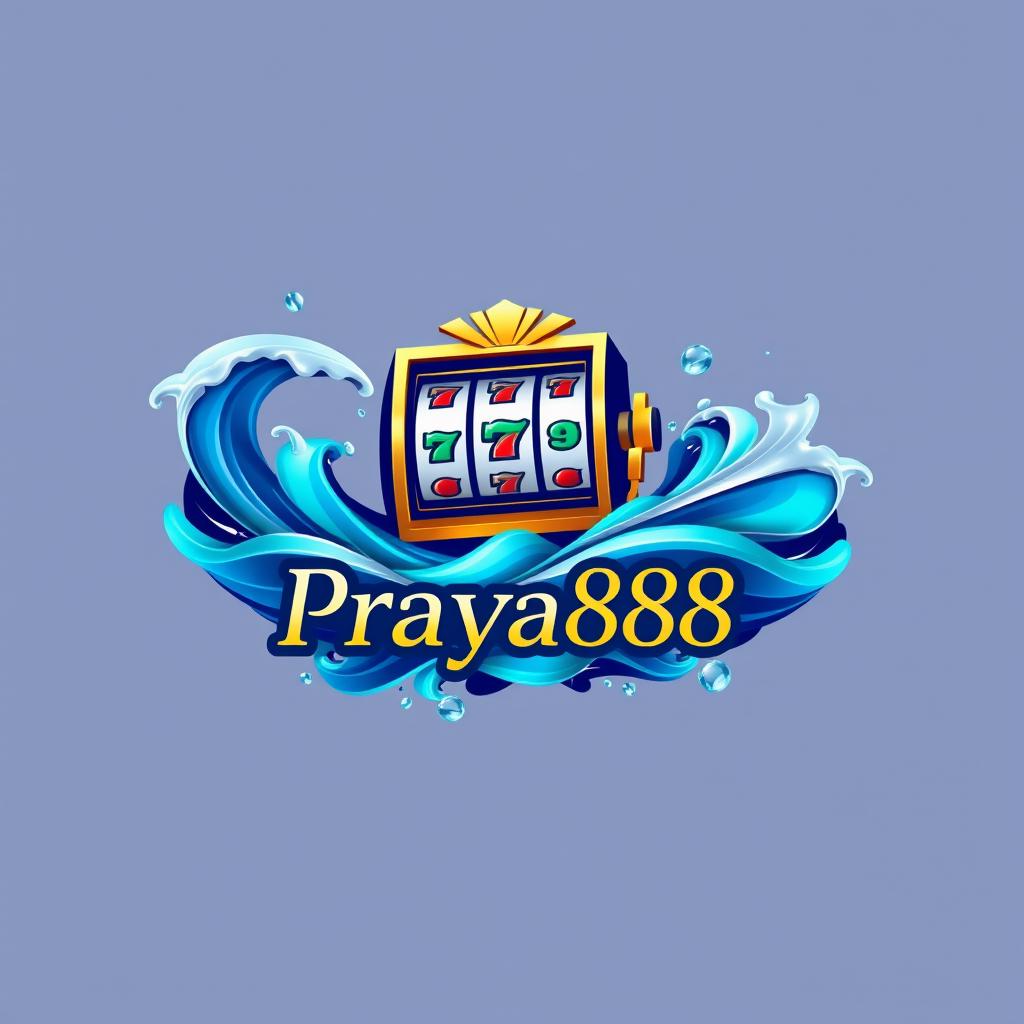 An elegant logo design for 'Praya888', creatively merging water-themed elements such as fluid waves and shimmering droplets with prominent casino features