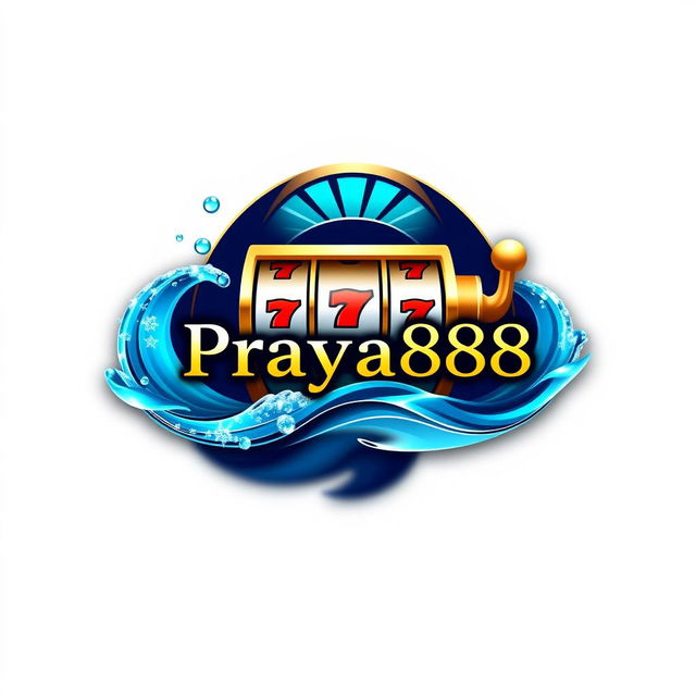 An elegant logo design for 'Praya888', creatively merging water-themed elements such as fluid waves and shimmering droplets with prominent casino features