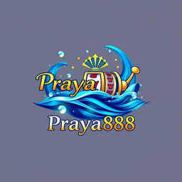 An elegant logo design for 'Praya888', creatively merging water-themed elements such as fluid waves and shimmering droplets with prominent casino features