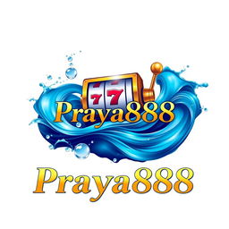 An elegant logo design for 'Praya888', creatively merging water-themed elements such as fluid waves and shimmering droplets with prominent casino features