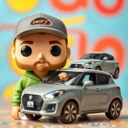 A Funko Pop figure of a 30-year-old man with a cap and a light beard, sporting a green sporty hoodie