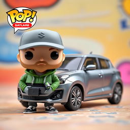 A Funko Pop figure of a 30-year-old man with a cap and a light beard, sporting a green sporty hoodie