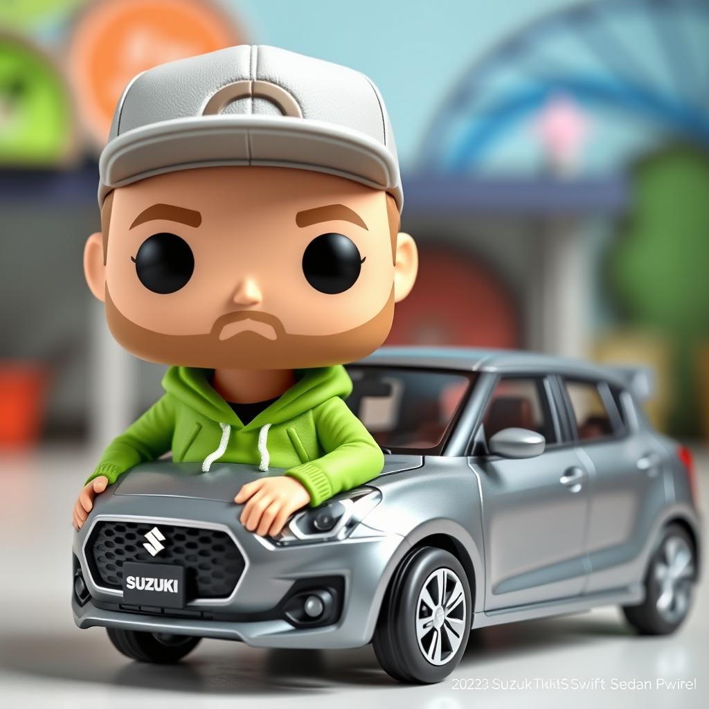 A Funko Pop figure of a 30-year-old man with a cap and a light beard, sporting a green sporty hoodie