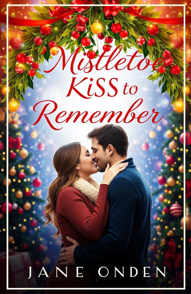 A romantic book cover for a novel titled 'A MISTLETOE KISS TO REMEMBER'