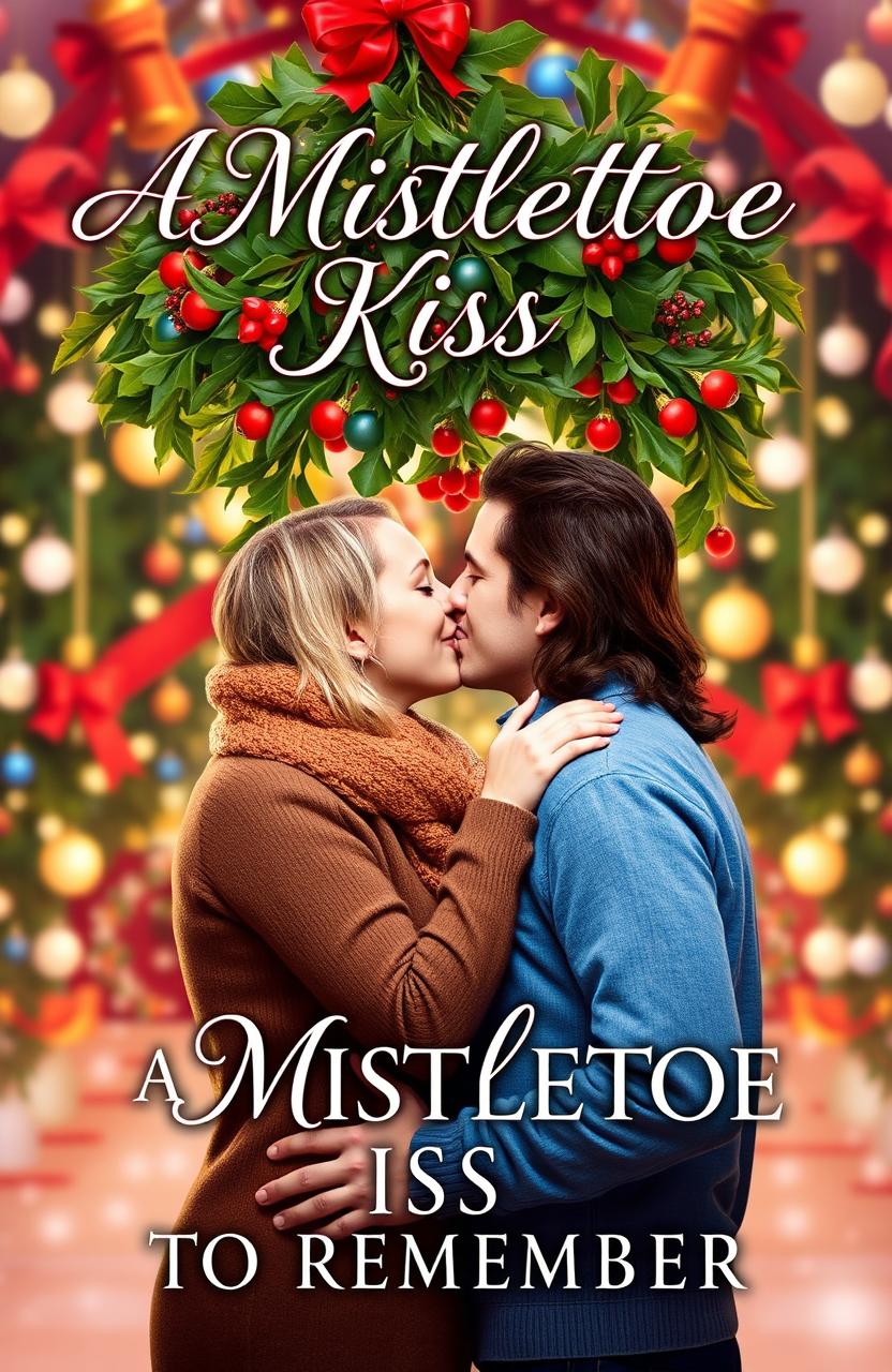 A romantic book cover for a novel titled 'A MISTLETOE KISS TO REMEMBER'