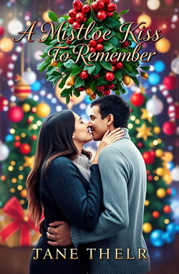 A romantic book cover for a novel titled 'A MISTLETOE KISS TO REMEMBER'
