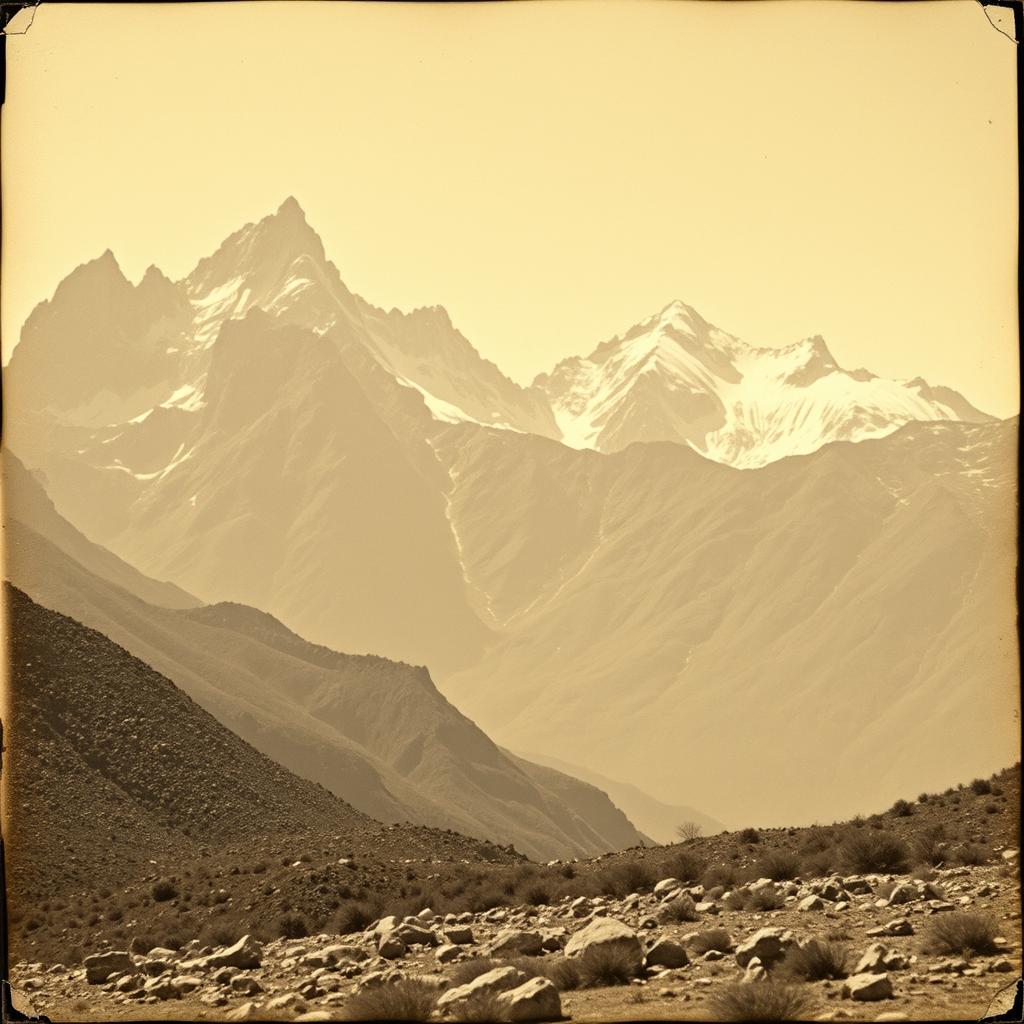 An old black and white photo capturing the majestic Sierra Nevada mountains