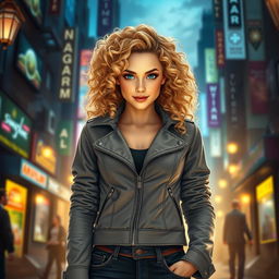 A beautiful urban fantasy character, a 30-year-old woman with stunning blonde curly hair and striking dark blue eyes, exuding a golden aura