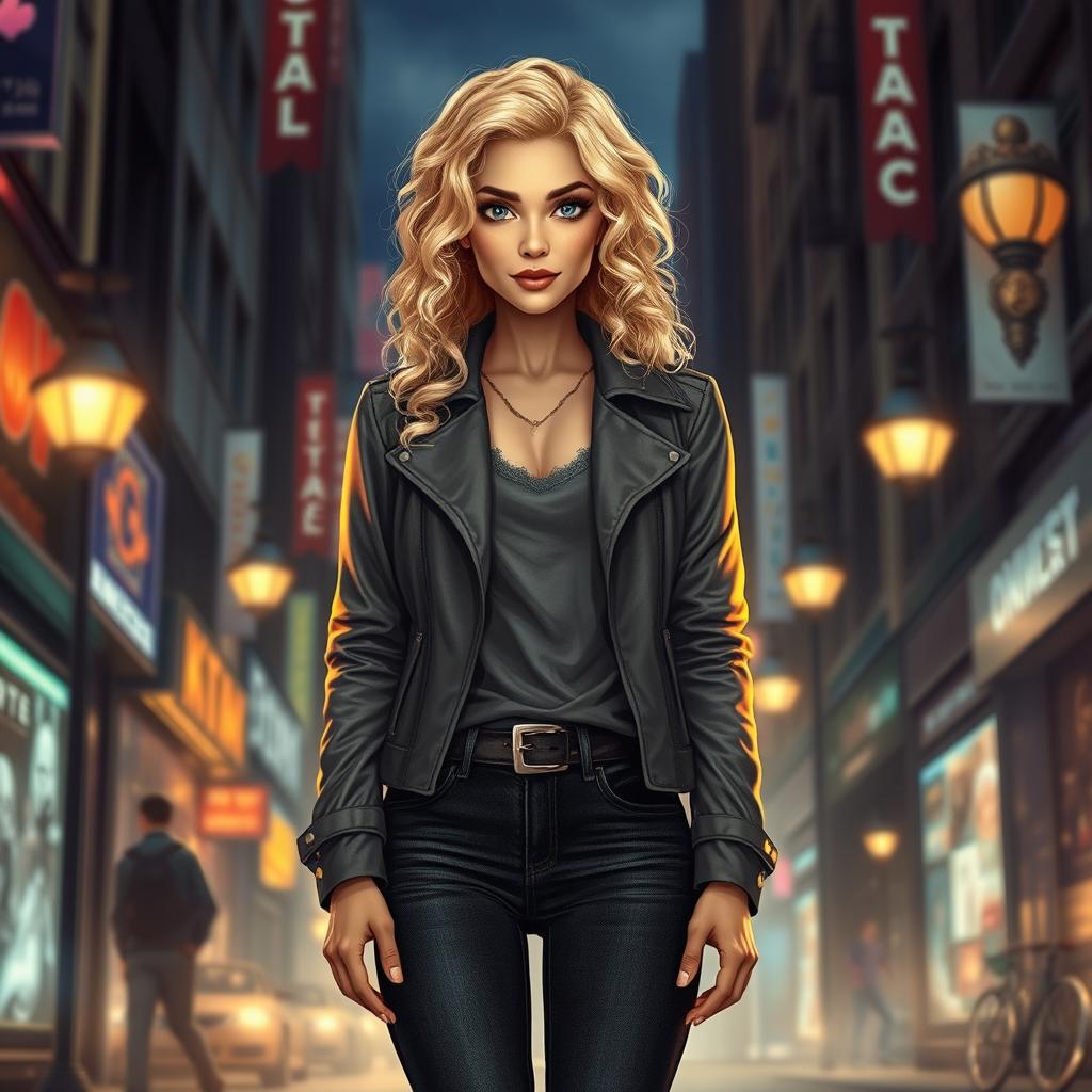 A beautiful urban fantasy character, a 30-year-old woman with stunning blonde curly hair and striking dark blue eyes, exuding a golden aura