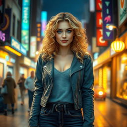 A beautiful urban fantasy character, a 30-year-old woman with stunning blonde curly hair and striking dark blue eyes, exuding a golden aura