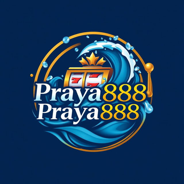 An elegant logo design for "Praya888" that creatively merges water-themed elements like stylized waves and droplets with prominent casino features, specifically incorporating a jackpot slot machine