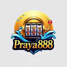 An elegant logo design for "Praya888" that creatively merges water-themed elements like stylized waves and droplets with prominent casino features, specifically incorporating a jackpot slot machine