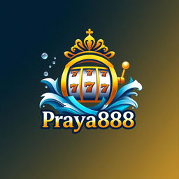 An elegant logo design for "Praya888" that creatively merges water-themed elements like stylized waves and droplets with prominent casino features, specifically incorporating a jackpot slot machine