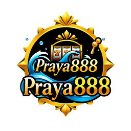 An elegant logo design for "Praya888" that creatively merges water-themed elements like stylized waves and droplets with prominent casino features, specifically incorporating a jackpot slot machine