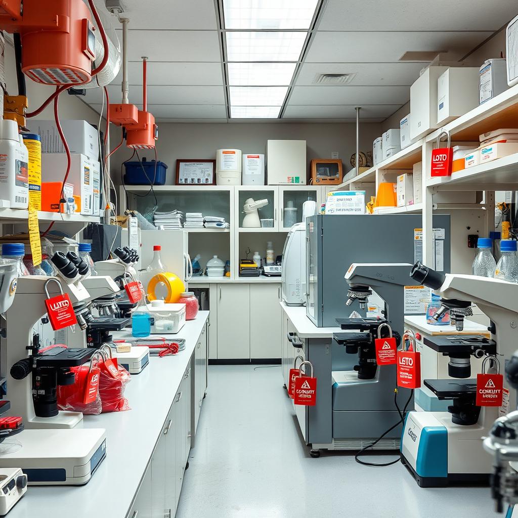 A vivid and detailed image of a laboratory filled with various laboratory equipment and instruments, showcasing a clean and organized workspace