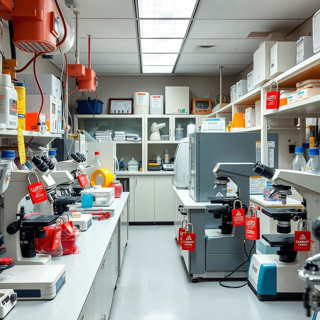 A vivid and detailed image of a laboratory filled with various laboratory equipment and instruments, showcasing a clean and organized workspace