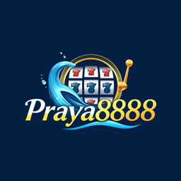 An elegant logo design for "Praya888" that seamlessly merges water-themed elements such as graceful waves and delicate droplets with eye-catching casino features, particularly a jackpot slot machine
