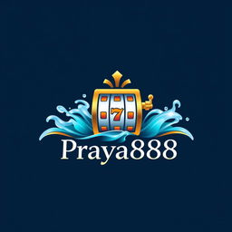 An elegant logo design for "Praya888" that seamlessly merges water-themed elements such as graceful waves and delicate droplets with eye-catching casino features, particularly a jackpot slot machine