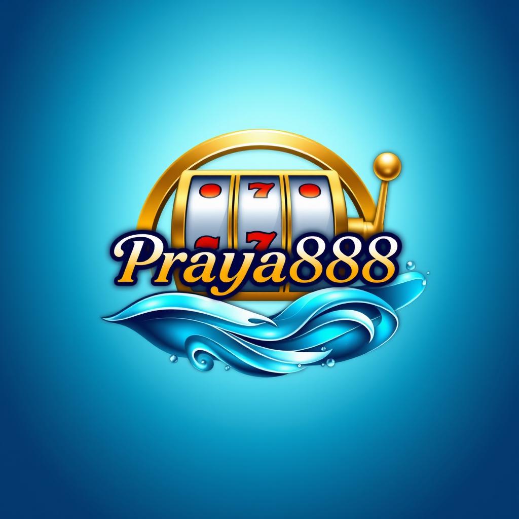 An elegant logo design for "Praya888" that seamlessly merges water-themed elements such as graceful waves and delicate droplets with eye-catching casino features, particularly a jackpot slot machine