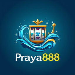 An elegant logo design for "Praya888" that seamlessly merges water-themed elements such as graceful waves and delicate droplets with eye-catching casino features, particularly a jackpot slot machine