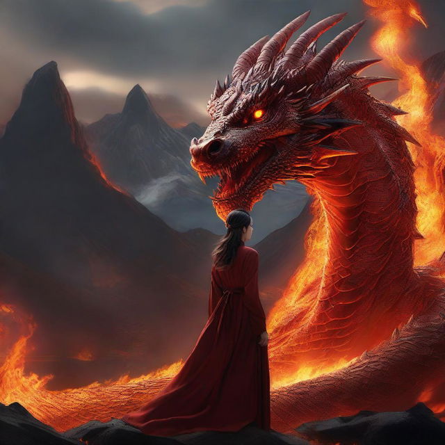 A hyper-realistic digital art of a stunningly beautiful young Korean girl standing bravely in front of a colossal fire-element dragon