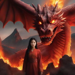 A hyper-realistic digital art of a stunningly beautiful young Korean girl standing bravely in front of a colossal fire-element dragon