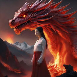 A hyper-realistic digital art of a stunningly beautiful young Korean girl standing bravely in front of a colossal fire-element dragon