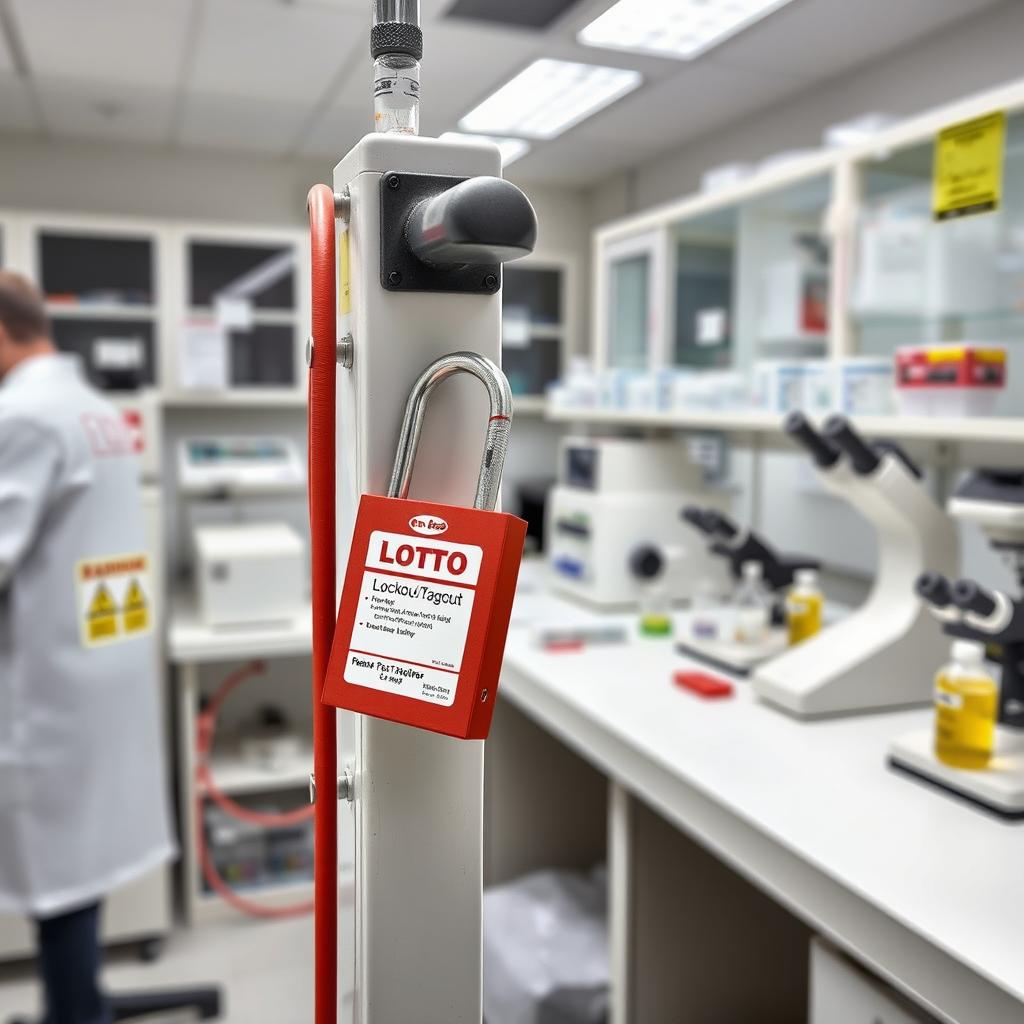 A laboratory scene featuring various scientific equipment, prominently displaying a single Lockout/Tagout (LOTO) lock securely attached to a critical piece of machinery, with clear safety labels and warnings around the workspace