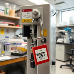 A laboratory scene featuring various scientific equipment, prominently displaying a single Lockout/Tagout (LOTO) lock securely attached to a critical piece of machinery, with clear safety labels and warnings around the workspace