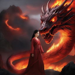 A hyper-realistic digital art of a stunningly beautiful young Korean girl standing bravely in front of a colossal fire-element dragon