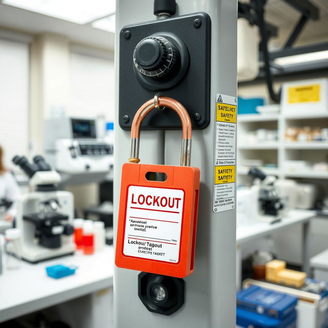 A laboratory scene featuring various scientific equipment, prominently displaying a single Lockout/Tagout (LOTO) lock securely attached to a critical piece of machinery, with clear safety labels and warnings around the workspace