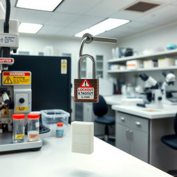 A laboratory scene featuring various scientific equipment, prominently displaying a single Lockout/Tagout (LOTO) lock securely attached to a critical piece of machinery, with clear safety labels and warnings around the workspace