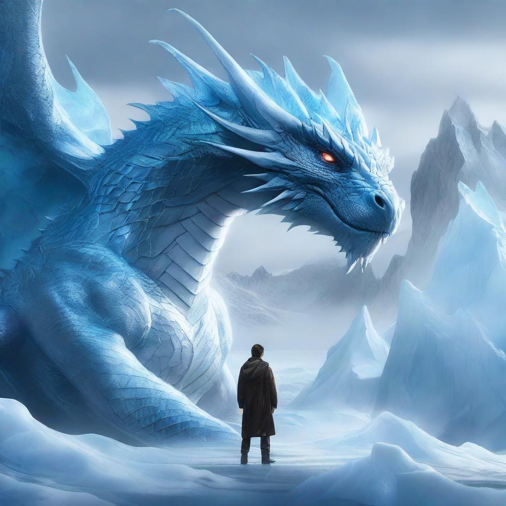 A hyper-realistic digital art piece showcasing an extraordinarily handsome man standing fearlessly in front of a massive ice-element dragon