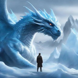 A hyper-realistic digital art piece showcasing an extraordinarily handsome man standing fearlessly in front of a massive ice-element dragon