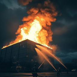 A dramatic and intense scene depicting a large, modern building engulfed in flames